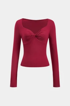Ruched Twist Knot V-Neck Long-Sleeve Top