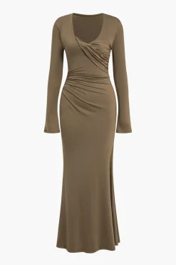 Ruched V-Neck Long Sleeve Maxi Dress