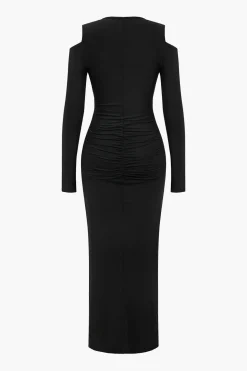 Ruched V-Neck Long Sleeve Maxi Dress