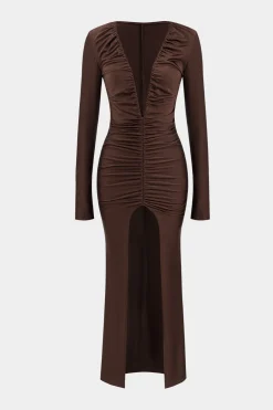Ruched V-Neck Long Sleeve Maxi Dress