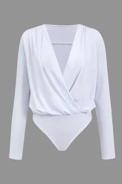 Ruched V-Neck Long Sleeve Bodysuit