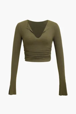 Ruched V-neck Slit Sleeve Top