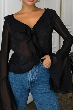 Ruffle Detail Sheer Mesh Long-Sleeve Shirt