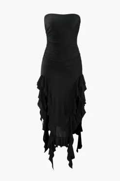 Ruffle Hem Slit Strapless Midi Dress