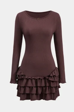 Ruffle Round Neck Long Sleeve Mini Dress