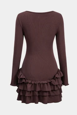 Ruffle Round Neck Long Sleeve Mini Dress