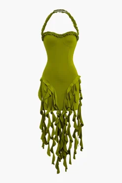 Ruffle Tassel Halter Bustier Mini Dress