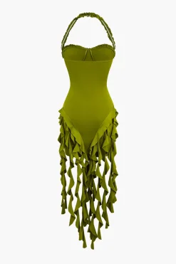 Ruffle Tassel Halter Bustier Mini Dress