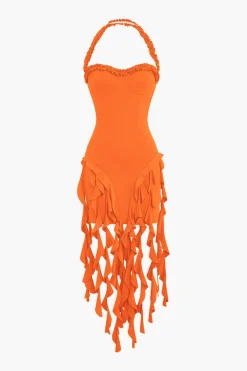 Ruffle Tassel Halter Bustier Mini Dress