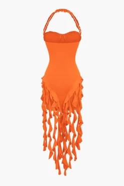 Ruffle Tassel Halter Bustier Mini Dress