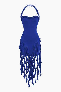 Ruffle Tassel Halter Bustier Mini Dress