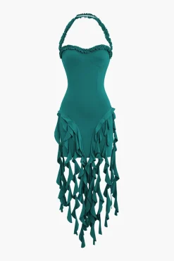 Ruffle Tassel Halter Bustier Mini Dress