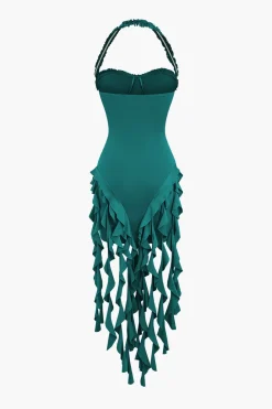 Ruffle Tassel Halter Bustier Mini Dress