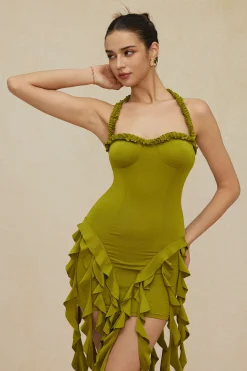 Ruffle Tassel Halter Bustier Mini Dress
