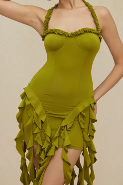 Ruffle Tassel Halter Bustier Mini Dress