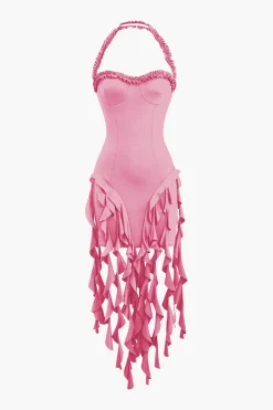 Ruffle Tassel Halter Bustier Mini Dress