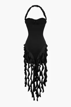 Ruffle Tassel Halter Bustier Mini Dress
