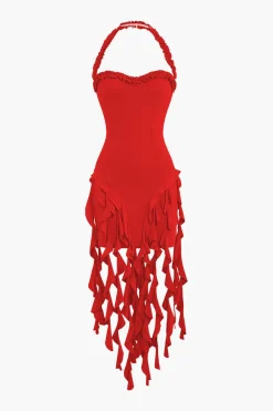 Ruffle Tassel Halter Bustier Mini Dress