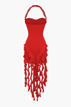 Ruffle Tassel Halter Bustier Mini Dress
