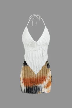 Ruffle Tie Halter Backless Cowl Neck Top And Tie Dye Mini Skirt Set