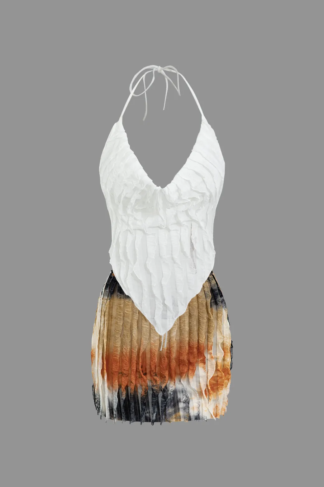 Ruffle Tie Halter Backless Cowl Neck Top And Tie Dye Mini Skirt Set