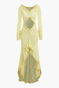Ruffle Trim Ruched Cut Out Maxi Dress
