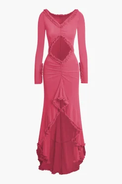 Ruffle Trim Ruched Cut Out Maxi Dress
