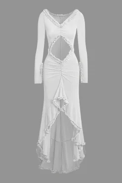 Ruffle Trim Ruched Cut Out Maxi Dress