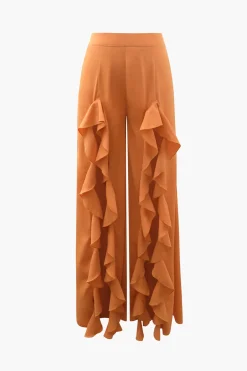 Ruffle Trim Slit Wide Leg Pants