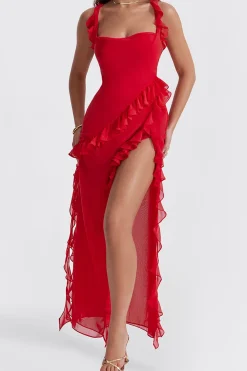 Ruffle Trim Square Neck Slit Sleeveless Maxi Dress