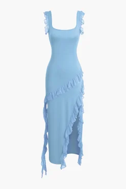 Ruffle Trim Square Neck Slit Sleeveless Maxi Dress
