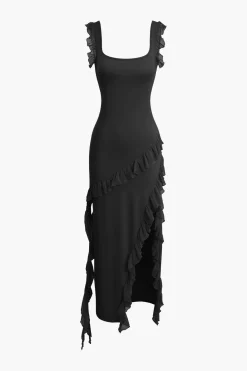 Ruffle Trim Square Neck Slit Sleeveless Maxi Dress