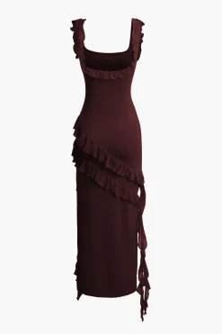 Ruffle Trim Square Neck Slit Sleeveless Maxi Dress