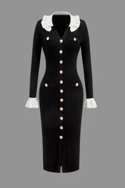 Ruffled Cuffs And Collar Ribbed Knit Button Front Midi Dress