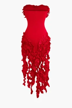 Ruffled Fringe Strapless Midi Dress