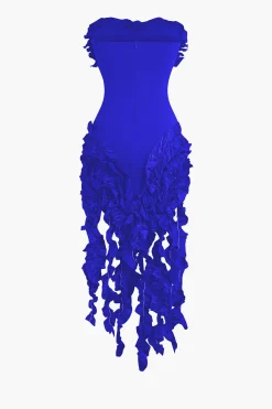 Ruffled Fringe Strapless Midi Dress