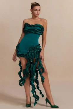 Ruffled Fringe Strapless Midi Dress