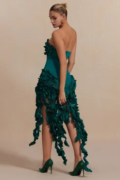 Ruffled Fringe Strapless Midi Dress