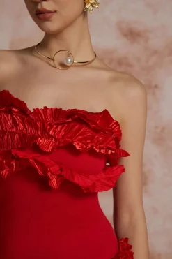 Ruffled Fringe Strapless Midi Dress