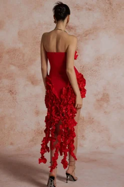 Ruffled Fringe Strapless Midi Dress