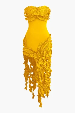 Ruffled Fringe Strapless Midi Dress