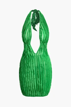 Ruffled Halter Backless Deep V-neck Mini Dress