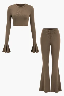 Ruffled Long Sleeve Top And Flared Trouser Set