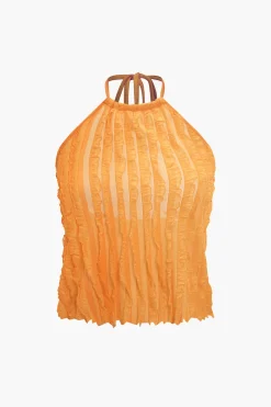 Ruffled Textured Halter Crop Top And Wide-Leg Pants Set