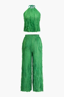 Ruffled Textured Halter Crop Top And Wide-Leg Pants Set