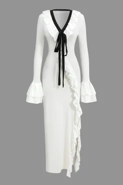 Ruffled V-Neck Long Sleeve Maxi Dress