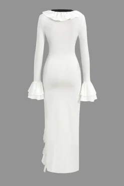 Ruffled V-Neck Long Sleeve Maxi Dress