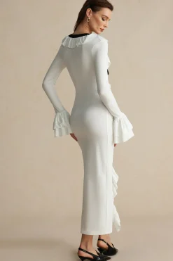 Ruffled V-Neck Long Sleeve Maxi Dress