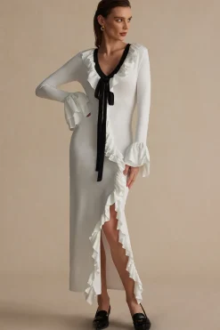 Ruffled V-Neck Long Sleeve Maxi Dress