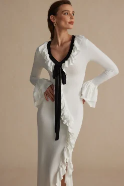 Ruffled V-Neck Long Sleeve Maxi Dress